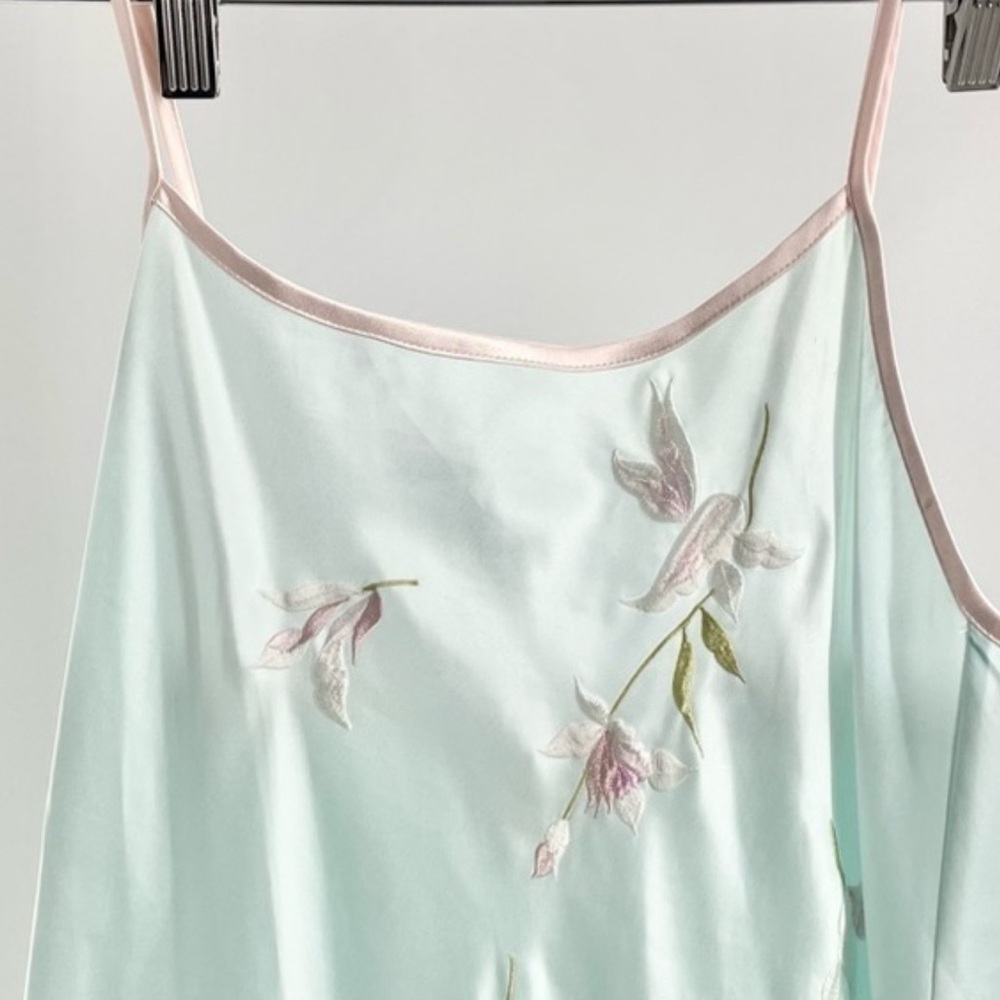 Natori Fairy Satin Slip Dress Blue/ Green Vtg Embroidered Long night gown S